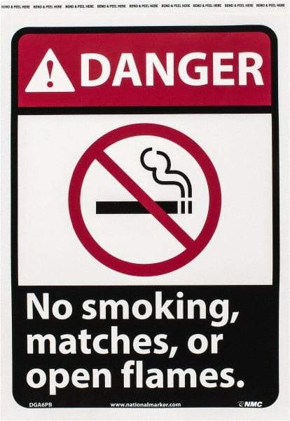NMC - "Danger - No Smoking, Matches or Open Flames", 14" Long x 10" Wide, Pressure-Sensitive Vinyl Safety Sign - Rectangle, 0.004" Thick, Use for Accident Prevention - Industrial Tool & Supply