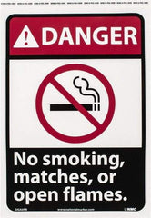 NMC - "Danger - No Smoking, Matches or Open Flames", 14" Long x 10" Wide, Pressure-Sensitive Vinyl Safety Sign - Rectangle, 0.004" Thick, Use for Accident Prevention - Industrial Tool & Supply