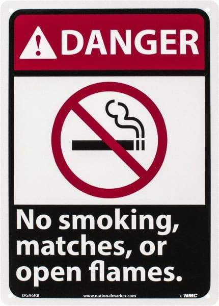 NMC - "Danger - No Smoking, Matches or Open Flames", 14" Long x 10" Wide, Rigid Plastic Safety Sign - Rectangle, 0.05" Thick, Use for Accident Prevention - Industrial Tool & Supply