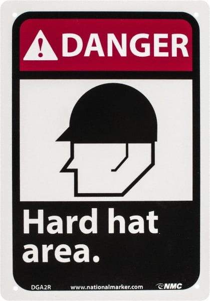 NMC - "Danger - Hard Hat Area", 10" Long x 7" Wide, Rigid Plastic Safety Sign - Rectangle, 0.05" Thick, Use for Accident Prevention - Industrial Tool & Supply