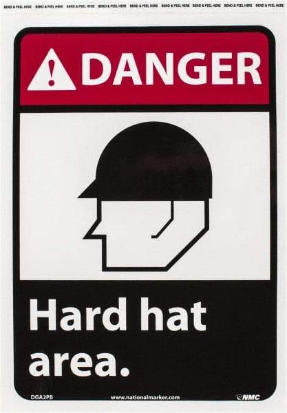 NMC - "Danger - Hard Hat Area", 14" Long x 10" Wide, Pressure-Sensitive Vinyl Safety Sign - Rectangle, 0.004" Thick, Use for Accident Prevention - Industrial Tool & Supply