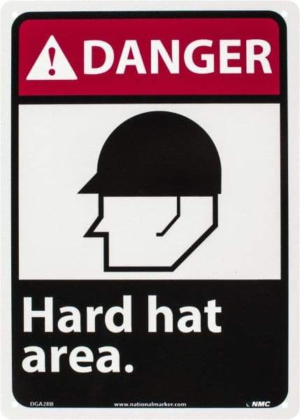 NMC - "Danger - Hard Hat Area", 14" Long x 10" Wide, Rigid Plastic Safety Sign - Rectangle, 0.05" Thick, Use for Accident Prevention - Industrial Tool & Supply