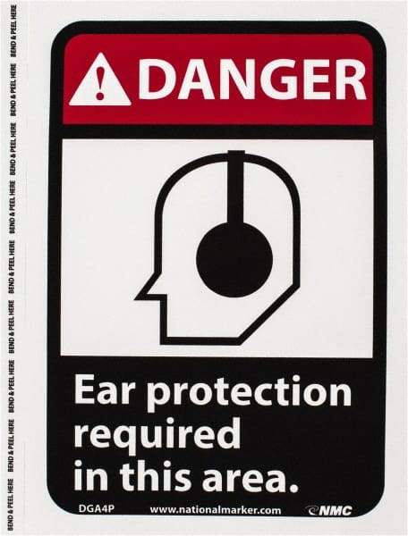 NMC - "Danger - Ear Protection Required in This Area", 10" Long x 7" Wide, Pressure-Sensitive Vinyl Safety Sign - Rectangle, 0.004" Thick, Use for Accident Prevention - Industrial Tool & Supply