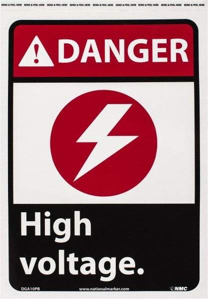 NMC - "Danger - High Voltage", 14" Long x 10" Wide, Pressure-Sensitive Vinyl Safety Sign - Rectangle, 0.004" Thick, Use for Accident Prevention - Industrial Tool & Supply