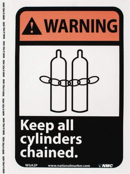 NMC - "Warning - Keep All Cylinders Chained", 10" Long x 7" Wide, Pressure-Sensitive Vinyl Safety Sign - Rectangle, 0.004" Thick, Use for Accident Prevention - Industrial Tool & Supply