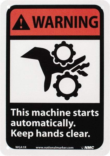 NMC - "Warning - This Machine Starts Automatically - Keep Hands Clear", 10" Long x 7" Wide, Rigid Plastic Safety Sign - Rectangle, 0.05" Thick, Use for Accident Prevention - Industrial Tool & Supply
