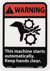 NMC - "Warning - This Machine Starts Automatically - Keep Hands Clear", 10" Long x 7" Wide, Rigid Plastic Safety Sign - Rectangle, 0.05" Thick, Use for Accident Prevention - Industrial Tool & Supply