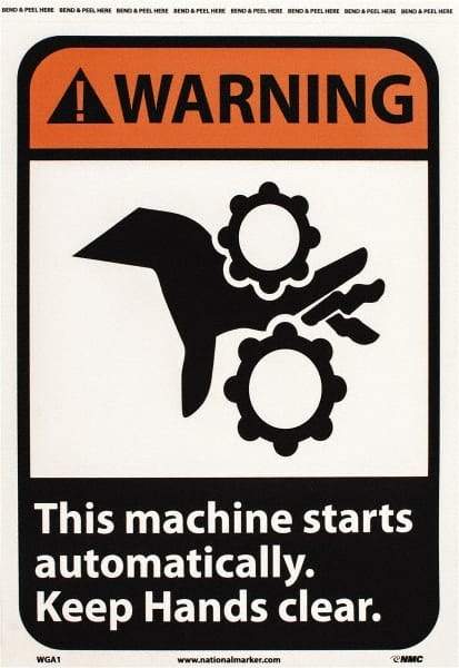 NMC - "Warning - This Machine Starts Automatically - Keep Hands Clear", 14" Long x 10" Wide, Pressure-Sensitive Vinyl Safety Sign - Rectangle, 0.004" Thick, Use for Accident Prevention - Industrial Tool & Supply