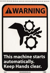 NMC - "Warning - This Machine Starts Automatically - Keep Hands Clear", 14" Long x 10" Wide, Pressure-Sensitive Vinyl Safety Sign - Rectangle, 0.004" Thick, Use for Accident Prevention - Industrial Tool & Supply