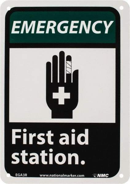 NMC - "Emergency - First Aid Station", 10" Long x 7" Wide, Rigid Plastic Safety Sign - Rectangle, 0.05" Thick, Use for First Aid - Industrial Tool & Supply
