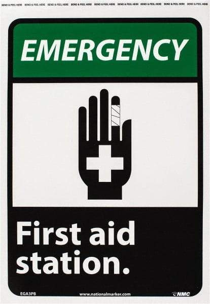NMC - "Emergency - First Aid Station", 14" Long x 10" Wide, Pressure-Sensitive Vinyl Safety Sign - Rectangle, 0.004" Thick, Use for First Aid - Industrial Tool & Supply