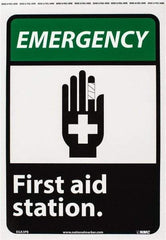 NMC - "Emergency - First Aid Station", 14" Long x 10" Wide, Pressure-Sensitive Vinyl Safety Sign - Rectangle, 0.004" Thick, Use for First Aid - Industrial Tool & Supply
