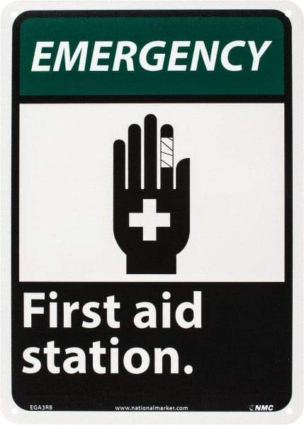 NMC - "Emergency - First Aid Station", 14" Long x 10" Wide, Rigid Plastic Safety Sign - Rectangle, 0.05" Thick, Use for First Aid - Industrial Tool & Supply