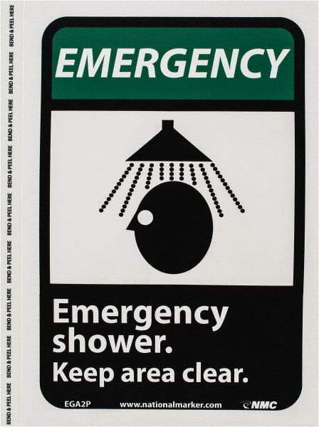 NMC - "Emergency - Emergency Shower - Keep Area Clear", 10" Long x 7" Wide, Pressure-Sensitive Vinyl Safety Sign - Rectangle, 0.004" Thick, Use for First Aid - Industrial Tool & Supply