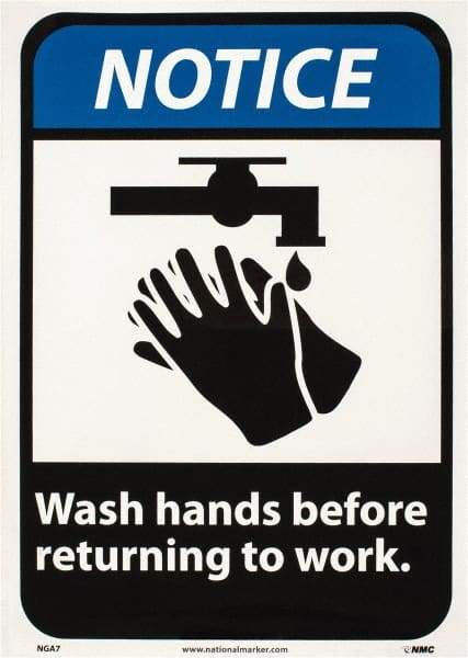 NMC - "Notice - Wash Hands Before Returning to Work", 14" Long x 10" Wide, Pressure-Sensitive Vinyl Safety Sign - Rectangle, 0.004" Thick, Use for Restroom, Janitorial & Housekeeping - Industrial Tool & Supply