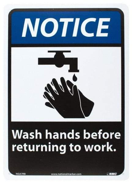 NMC - "Notice - Wash Hands Before Returning to Work", 14" Long x 10" Wide, Rigid Plastic Safety Sign - Rectangle, 0.05" Thick, Use for Restroom, Janitorial & Housekeeping - Industrial Tool & Supply