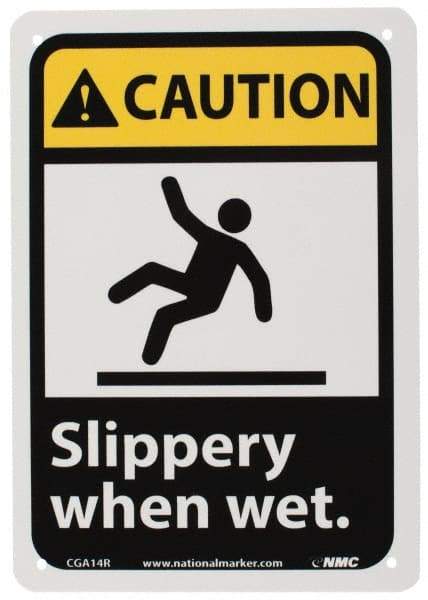 NMC - "Caution - Slippery When Wet", 10" Long x 7" Wide, Rigid Plastic Safety Sign - Rectangle, 0.05" Thick, Use for Accident Prevention - Industrial Tool & Supply