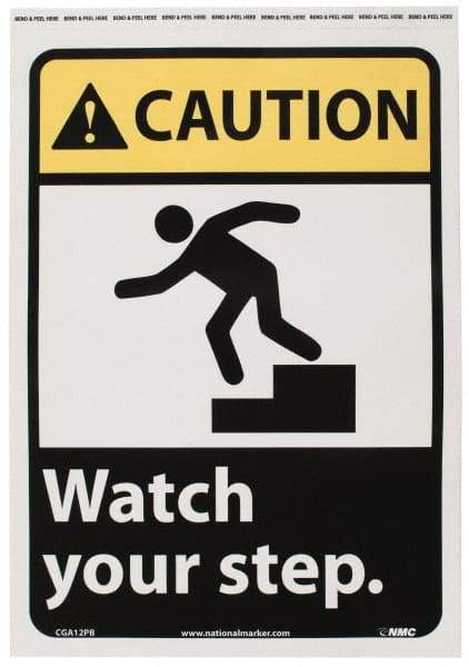 NMC - "Caution - Watch Your Step", 14" Long x 10" Wide, Pressure-Sensitive Vinyl Safety Sign - Rectangle, 0.004" Thick, Use for Accident Prevention - Industrial Tool & Supply