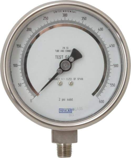 Wika - 4" Dial, 1/4 Thread, 0-600 Scale Range, Pressure Gauge - Lower Connection Mount, Accurate to 0.25% of Scale - Industrial Tool & Supply