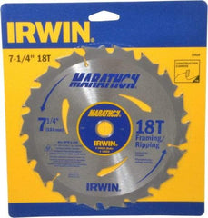 Irwin - 7-1/4" Diam, 5/8" Arbor Hole Diam, 18 Tooth Wet & Dry Cut Saw Blade - Carbide-Tipped, Framing & Ripping Action, Diamond Arbor - Industrial Tool & Supply