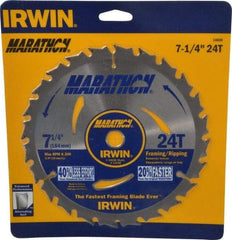 Irwin - 7-1/4" Diam, 5/8" Arbor Hole Diam, 24 Tooth Wet & Dry Cut Saw Blade - Carbide-Tipped, Framing & Ripping Action, Diamond Arbor - Industrial Tool & Supply