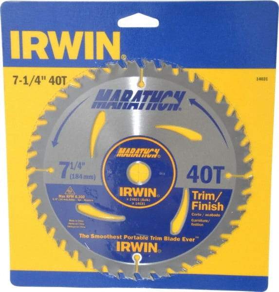 Irwin - 7-1/4" Diam, 5/8" Arbor Hole Diam, 40 Tooth Wet & Dry Cut Saw Blade - Carbide-Tipped, Finishing & Trimming Action, Diamond Arbor - Industrial Tool & Supply