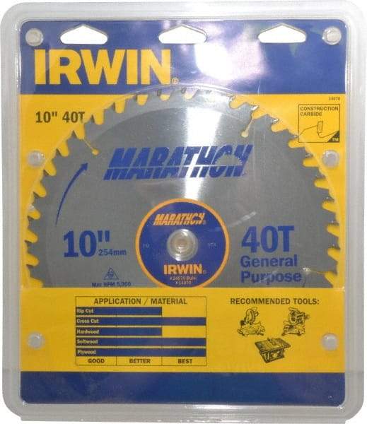Irwin - 10" Diam, 5/8" Arbor Hole Diam, 40 Tooth Wet & Dry Cut Saw Blade - Carbide-Tipped, General Purpose Action, Standard Round Arbor - Industrial Tool & Supply