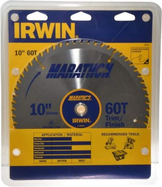 Irwin - 10" Diam, 5/8" Arbor Hole Diam, 60 Tooth Wet & Dry Cut Saw Blade - Carbide-Tipped, Finishing & Trimming Action, Standard Round Arbor - Industrial Tool & Supply