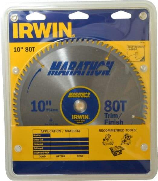 Irwin - 10" Diam, 5/8" Arbor Hole Diam, 80 Tooth Wet & Dry Cut Saw Blade - Carbide-Tipped, Finishing & Trimming Action, Standard Round Arbor - Industrial Tool & Supply