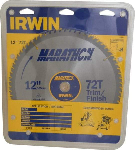 Irwin - 12" Diam, 1" Arbor Hole Diam, 72 Tooth Wet & Dry Cut Saw Blade - Carbide-Tipped, Finishing & Trimming Action, Standard Round Arbor - Industrial Tool & Supply