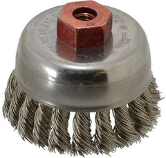 Anderson - 2-3/4" Diam, M10x1.50 Threaded Arbor, Stainless Steel Fill Cup Brush - 0.02 Wire Diam, 3/4" Trim Length, 14,000 Max RPM - Industrial Tool & Supply