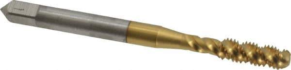 OSG - #10-32 UNF 3 Flute 2B Bottoming Spiral Flute Tap - High Speed Steel, TiN Finish, 2-3/8" OAL, Right Hand Flute, Right Hand Thread, H3, Series 107 - Exact Industrial Supply