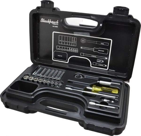 Blackhawk by Proto - 21 Piece 1/4" Drive Deep Well Socket Set - 6 Points, 5mm to 13mm Range, Metric Measurement Standard - Industrial Tool & Supply