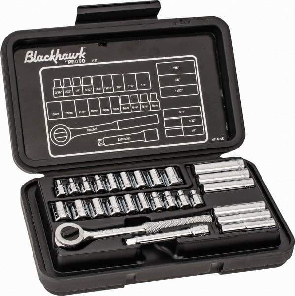 Blackhawk by Proto - 27 Piece 1/4" Drive Deep Well Socket Set - 6, 12 Points, 3/16" to 1/2" (4mm to 13mm) Range, Inch/Metric Measurement Standard - Industrial Tool & Supply