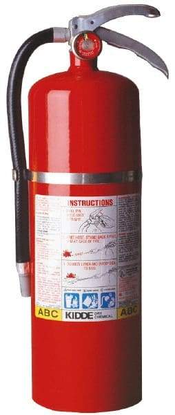 Kidde - 10 Lb, 4-A:80-B:C Rated, Dry Chemical Fire Extinguisher - 5-1/4" Diam x 19.13" High, 195 psi, 20' Discharge in 22 sec, Rechargeable, Steel Cylinder - Industrial Tool & Supply