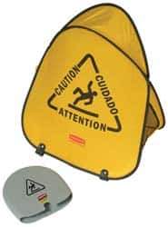 Rubbermaid - Caution, 18-3/8" Wide x 20" High, Spring Steel and Durable Cleanable Fabric Floor Sign - English/French/Spanish, A-Frame, Black on Yellow, For Accident Prevention - Industrial Tool & Supply