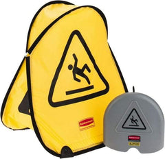 Rubbermaid - 18-3/8" Wide x 20" High, Spring Steel and Durable Cleanable Fabric Floor Sign - A-Frame, Black on Yellow, For Restroom, Janitorial & Housekeeping - Industrial Tool & Supply
