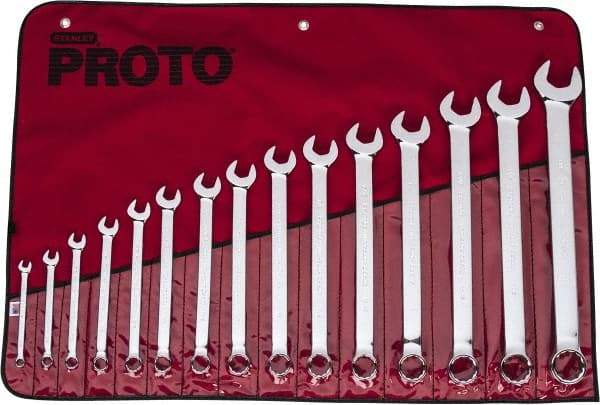 Proto - 15 Piece, 5/16" to 1-1/4", 12 Point Combination Wrench Set - Inch Measurement Standard, Full Polish Finish, Comes in Vinyl Roll - Industrial Tool & Supply