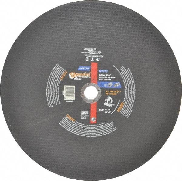 Norton - 14" Aluminum Oxide Cutoff Wheel - 3/32" Thick, 1" Arbor, 4,365 Max RPM, Use with Stationary Tools - Industrial Tool & Supply