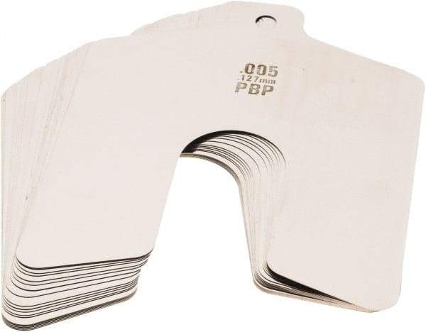 Made in USA - 20 Piece, 3 Inch Long x 3 Inch Wide x 0.005 Inch Thick, Slotted Shim Stock - Stainless Steel, 3/4 Inch Wide Slot - Industrial Tool & Supply