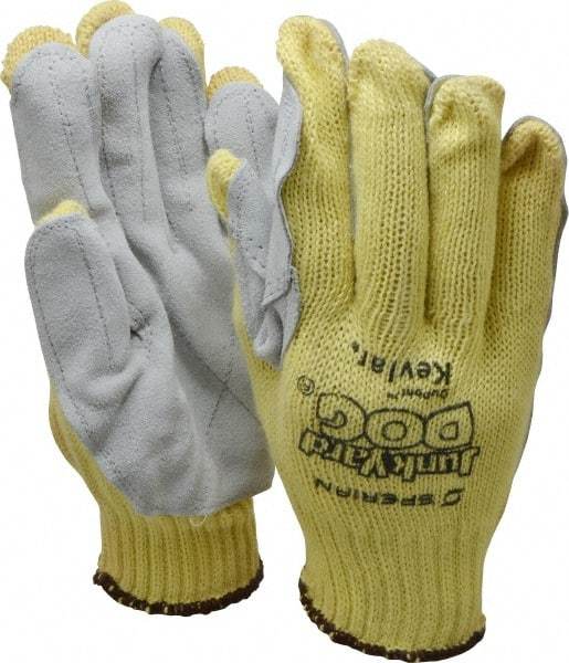 Honeywell - Size Universal (9), ANSI Cut Lvl 3, Abrasion Lvl 6, Leather Cut Resistant Gloves - Knit Wrist, Tan/Gray, Paired - Industrial Tool & Supply