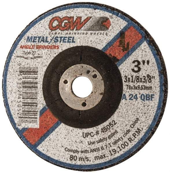 Camel Grinding Wheels - 24 Grit, 3" Wheel Diam, 1/8" Wheel Thickness, 3/8" Arbor Hole, Type 27 Depressed Center Wheel - Aluminum Oxide, Resinoid Bond, Q Hardness, 19,100 Max RPM, Compatible with Angle Grinder - Industrial Tool & Supply