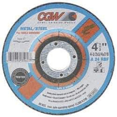 CGW Abrasives - 24 Grit, 4" Wheel Diam, 1/4" Wheel Thickness, 5/8" Arbor Hole, Type 27 Depressed Center Wheel - Aluminum Oxide, Resinoid Bond, R Hardness, 15,300 Max RPM, Compatible with Angle Grinder - Industrial Tool & Supply