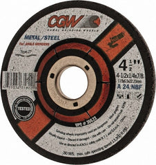 CGW Abrasives - 24 Grit, 4-1/2" Diam x 1/4" Thick x 7/8" Arbor, Type 27 Depressed Center Wheel - Industrial Tool & Supply