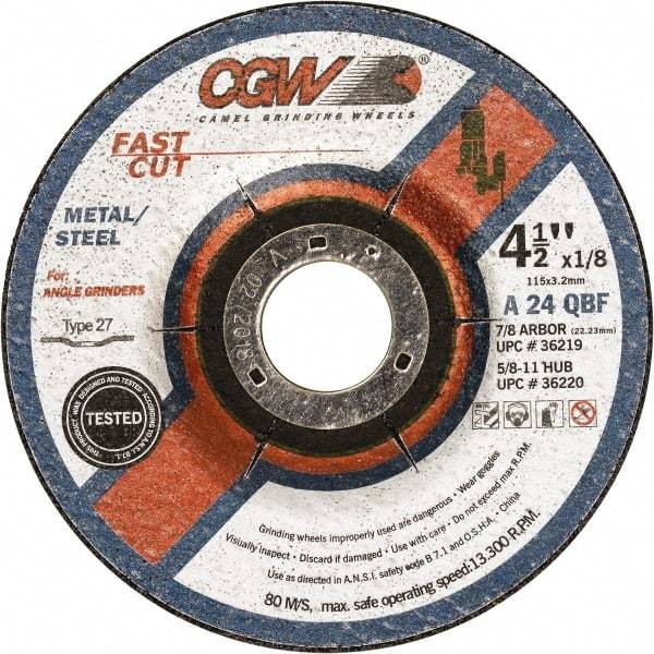 Camel Grinding Wheels - 24 Grit, 4-1/2" Wheel Diam, 1/8" Wheel Thickness, 7/8" Arbor Hole, Type 27 Depressed Center Wheel - Aluminum Oxide, Resinoid Bond, Q Hardness, 13,300 Max RPM, Compatible with Angle Grinder - Industrial Tool & Supply