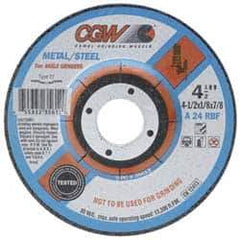 Camel Grinding Wheels - 24 Grit, 4-1/2" Wheel Diam, 1/8" Wheel Thickness, Type 27 Depressed Center Wheel - Aluminum Oxide, Resinoid Bond, Q Hardness, 13,300 Max RPM, Compatible with Angle Grinder - Industrial Tool & Supply