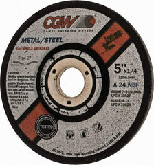 Camel Grinding Wheels - 24 Grit, 5" Wheel Diam, 1/4" Wheel Thickness, 7/8" Arbor Hole, Type 27 Depressed Center Wheel - Aluminum Oxide, Resinoid Bond, N Hardness, 12,250 Max RPM, Compatible with Angle Grinder - Industrial Tool & Supply