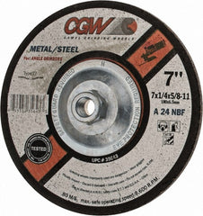 CGW Abrasives - 24 Grit, 7" Diam x 1/4" Thick x 5/8-11 Threaded Arbor, Type 27 Depressed Center Wheel - Exact Industrial Supply