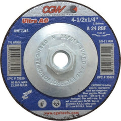 CGW Abrasives - 24 Grit, 4-1/2" Diam x 1/4" Thick x 5/8-11 Threaded Arbor, Type 27 Depressed Center Wheel - Exact Industrial Supply