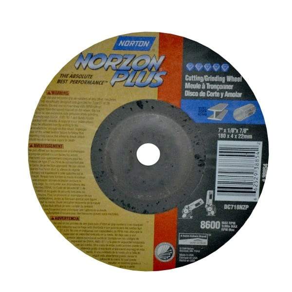 Norton - 7" Wheel Diam, 1/8" Wheel Thickness, 7/8" Arbor Hole, Type 27 Depressed Center Wheel - Ceramic, 8,600 Max RPM, Compatible with Angle Grinder - Industrial Tool & Supply